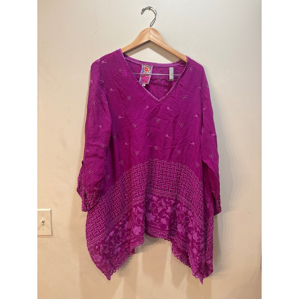 Johnny Was Purple Eyelet Embroidered Tunic Top V-Neck C88654-12 XL Cupra Rayon